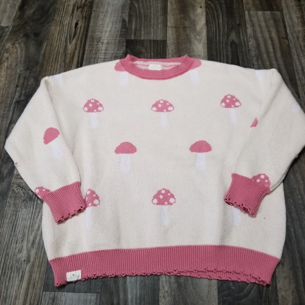 Simply Southern Mushroom Oversized Sweater Cream & Pink Size M Distressed Edges
